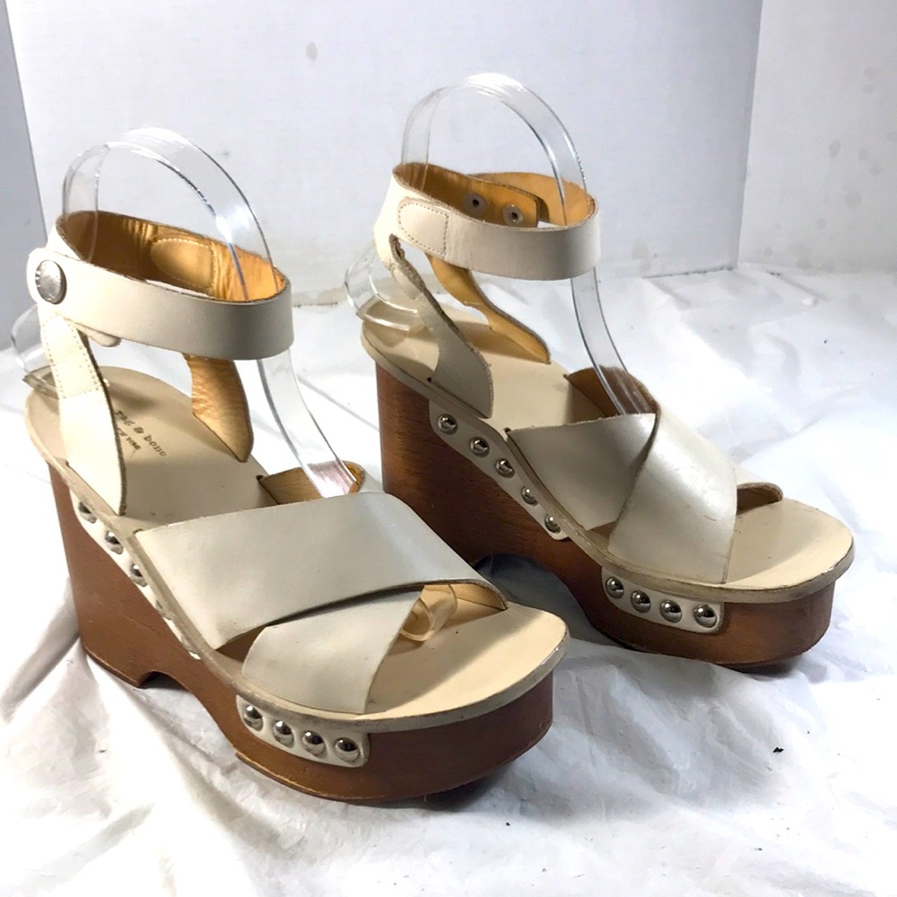 Rag & Bone New York Hester Cream Leather Women's Wood & Studded Platform Sandals